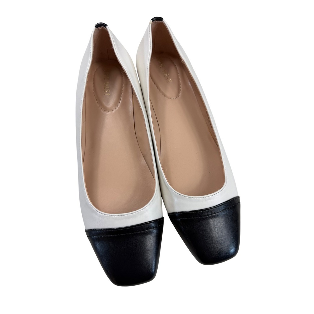 Nine West Tomia Womens 10M White Black Cap Square Toe Ballet Flats WNTOMIA3